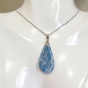 Artisan Boho Icy Blue Gemstone Silver Teardrop Statement Pendant Necklace
